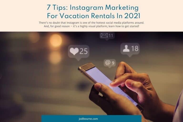 Hand holding cellphone with social media icons hovering above it - JODI BOURNE VACATION RENTAL WEBSITE DESIGNER